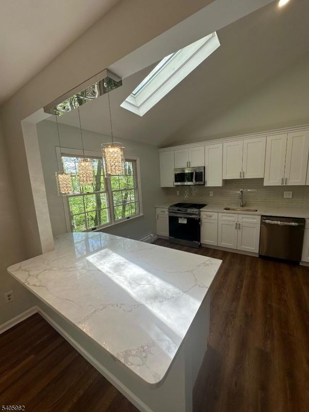 Interior, Kitchen, Pendant Lights, Stainless Steel Appliances, Wood Texture Flooring