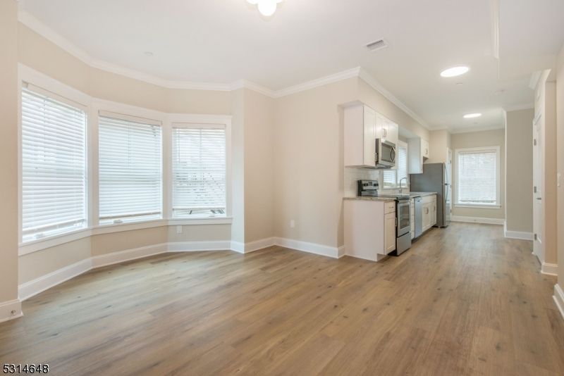 Empty room, Interior, Kitchen, Recessed Lighting, Wood Texture Flooring