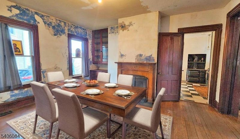 Dining room, Fireplace, Interior, Wood Texture Flooring