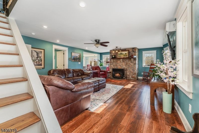 Fireplace, Interior, Living room, Recessed Lighting, Wood Texture Flooring