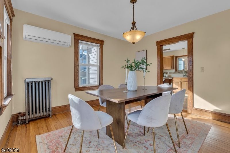 Dining room, Interior, Pendant Lights, Wood Texture Flooring