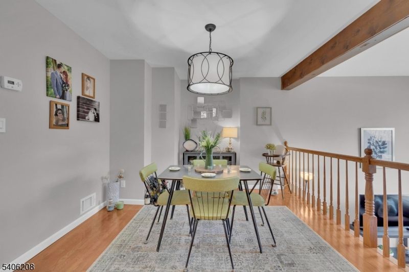 Dining room, Interior, Pendant Lights, Wooden Beams, Wood Texture Flooring