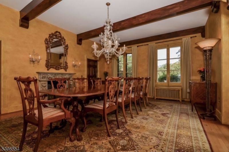 Chandelier, Dining room, Fireplace, Interior, Wooden Beams, Wood Texture Flooring