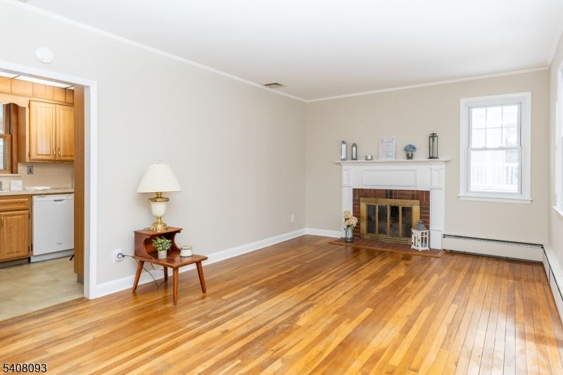 Empty room, Fireplace, Interior, Kitchen, Wood Texture Flooring