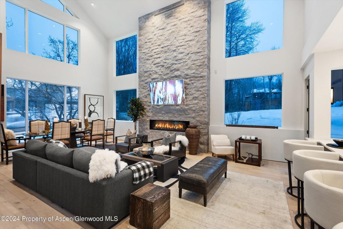 Dining room, Fireplace, Interior, Living room, Stone Walls, Wood Texture Flooring