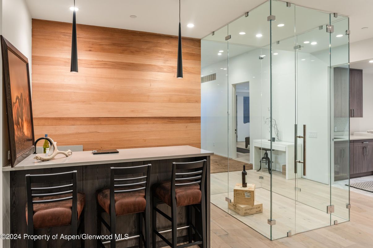 Interior, Pendant Lights, Recessed Lighting, Wood Texture Flooring, Wooden Walls