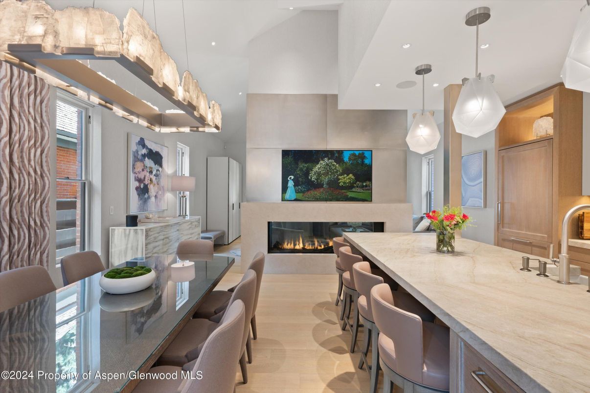 Dining room, Fireplace, Interior, Kitchen, Pendant Lights, Recessed Lighting
