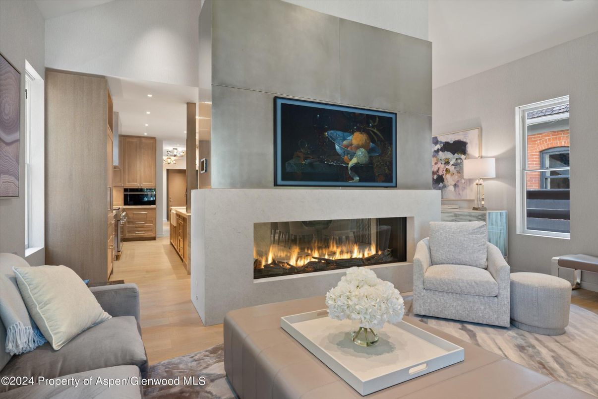 Fireplace, Interior, Kitchen, Living room, Recessed Lighting, Wood Texture Flooring