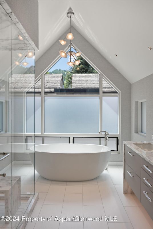 Bathroom, Free Standing Baths, Glass Shower, Interior, Pendant Lights, Recessed Lighting