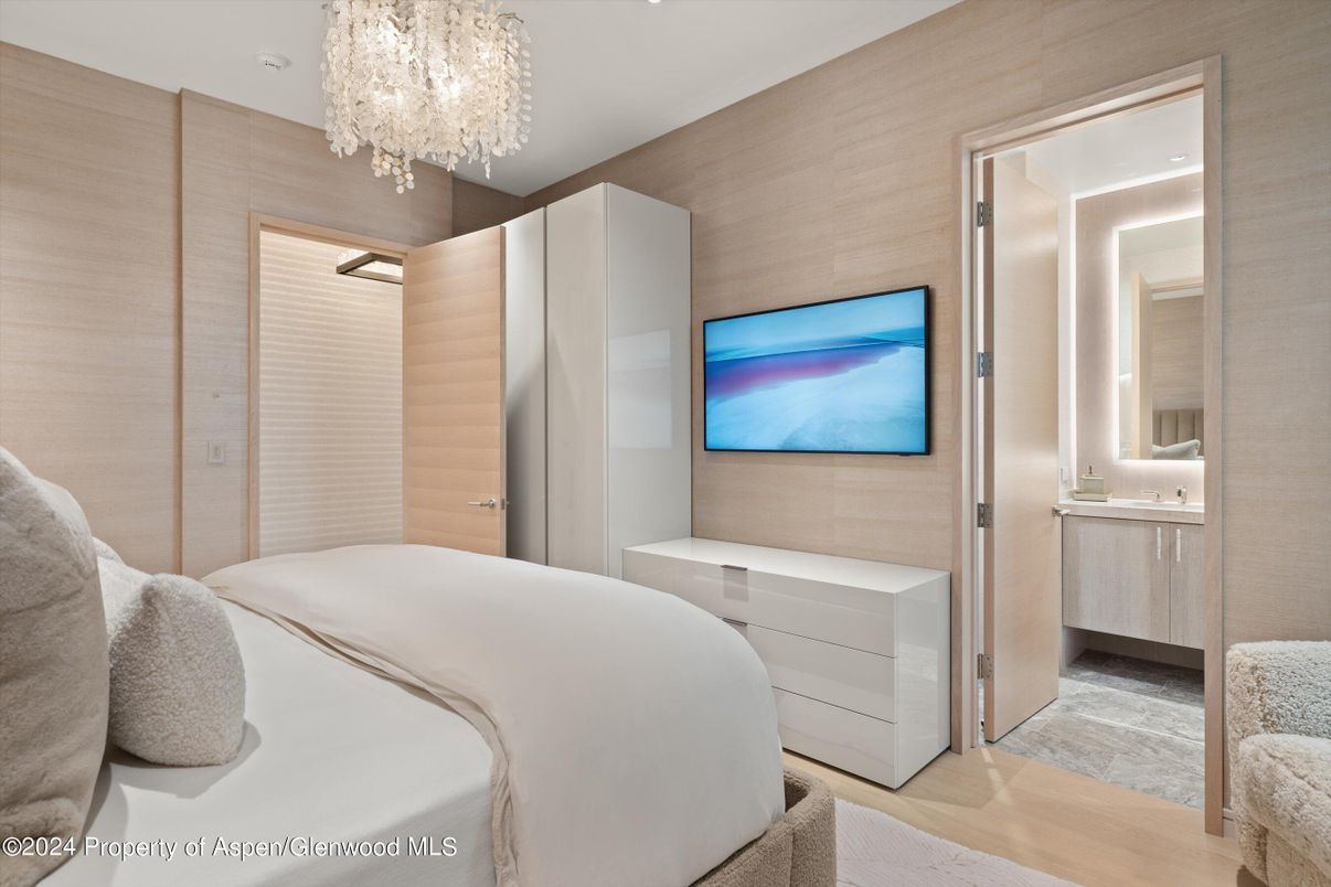 Bedroom, Chandelier, Interior, Recessed Lighting, Wood Texture Flooring, Wooden Walls