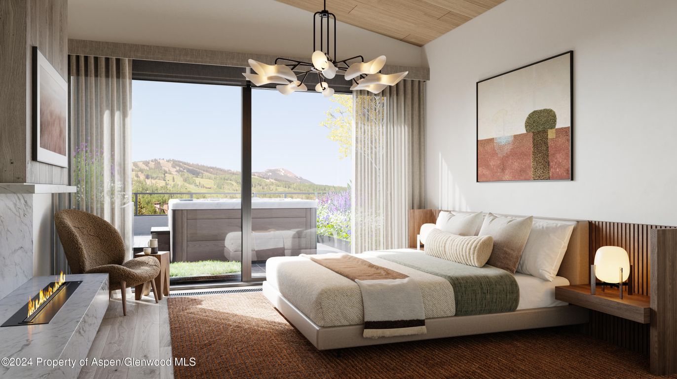 Bedroom, Chandelier, Fireplace, Interior