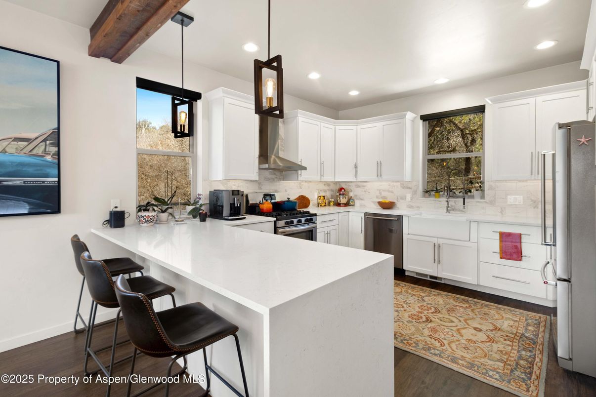 Interior, Kitchen, Pendant Lights, Recessed Lighting, Stainless Steel Appliances, Wooden Beams, Wood Texture Flooring