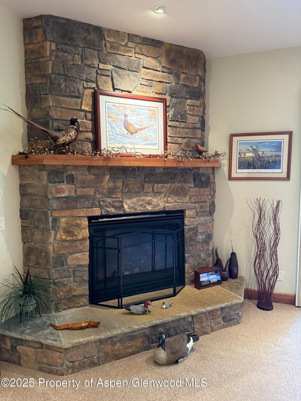 Fireplace, Interior, Recessed Lighting, Stone Walls