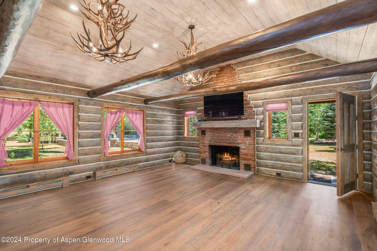 Empty room, Fireplace, Interior, Recessed Lighting, Wooden Beams, Wooden Ceilings, Wood Texture Flooring, Wooden Walls