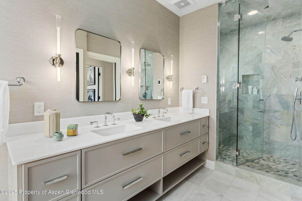 Bathroom, Dual Sink Vanities, Glass Shower, Interior, Marble Walls