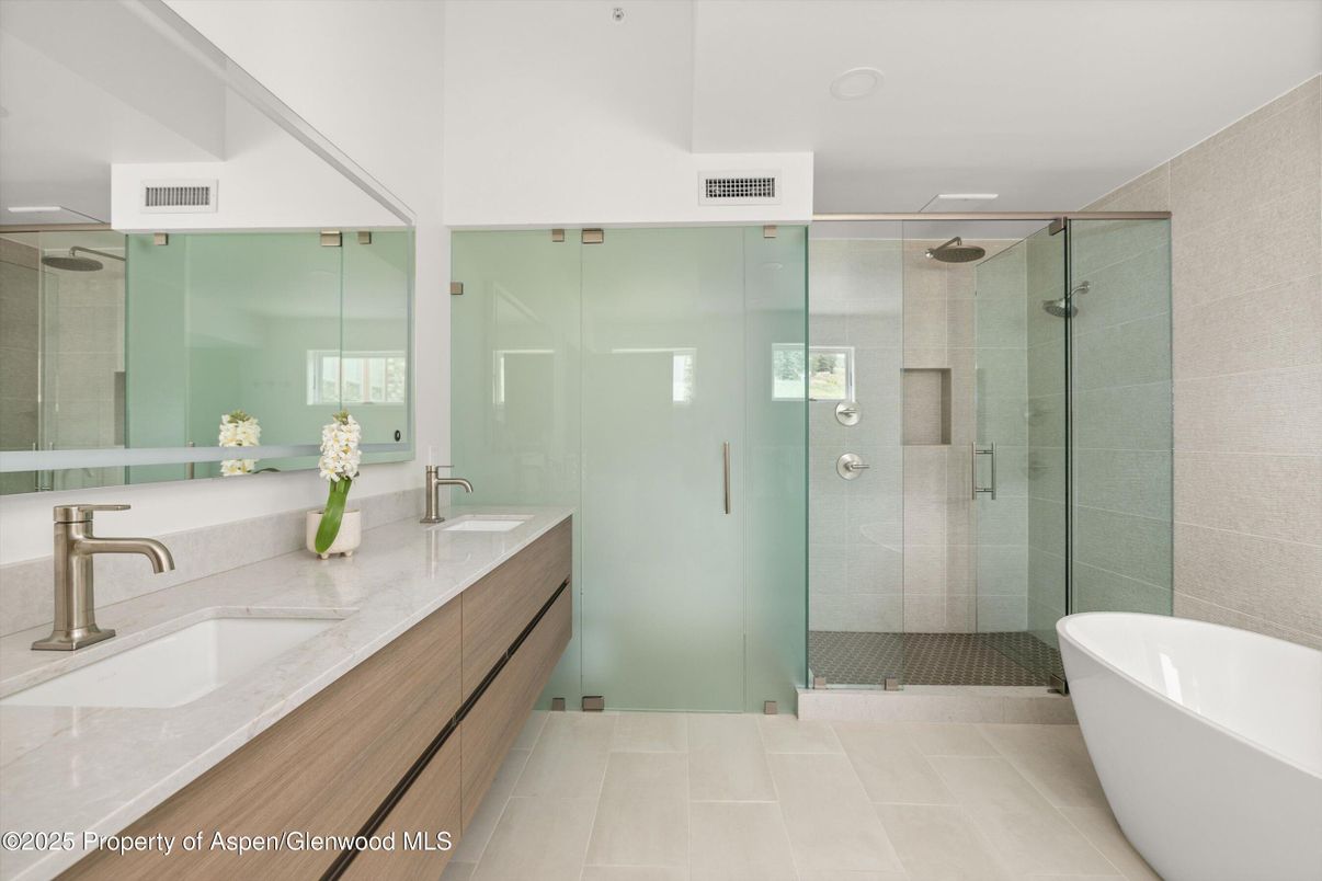 Bathroom, Dual Sink Vanities, Free Standing Baths, Glass Shower, Interior