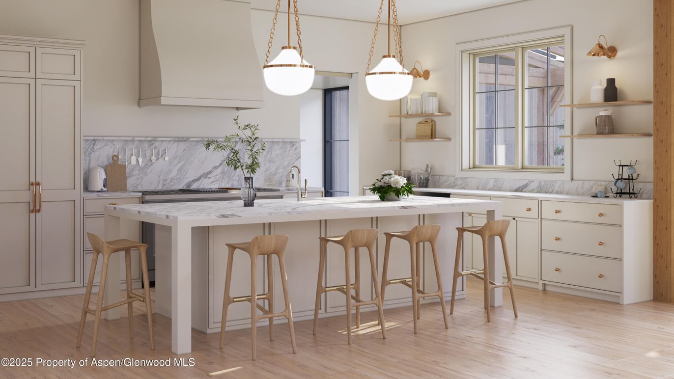 Interior, Kitchen, Marble Walls, Pendant Lights, Wood Texture Flooring