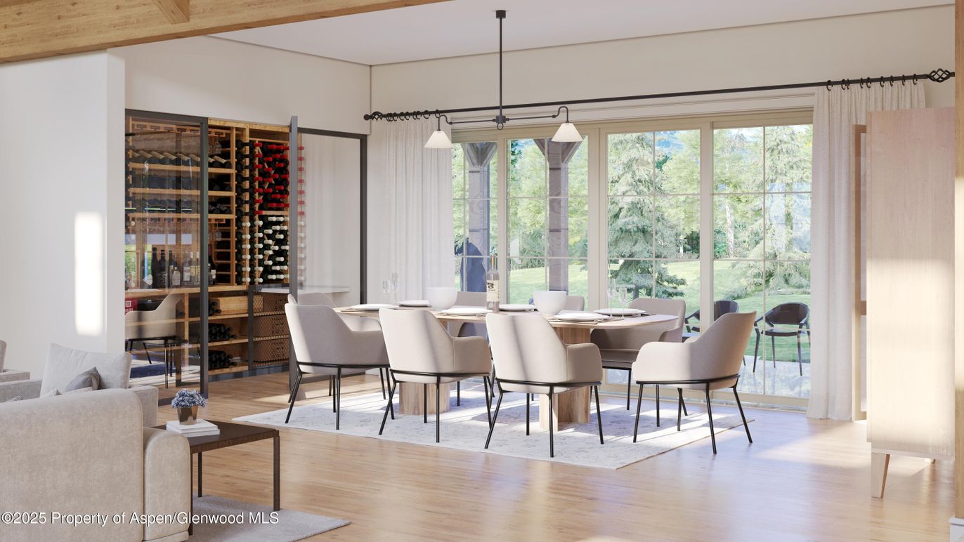 Dining room, Interior, Pendant Lights, Wine Storage, Wood Texture Flooring