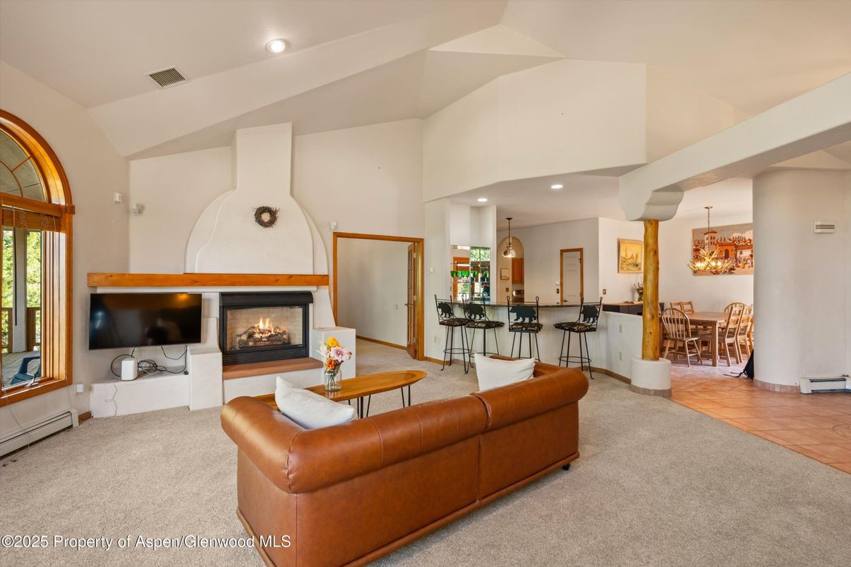 Chandelier, Dining room, Fireplace, Interior, Living room, Pendant Lights, Recessed Lighting