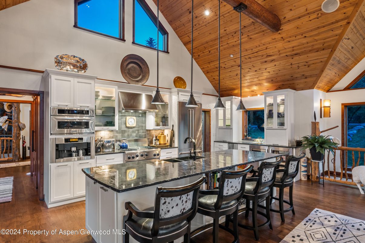 Interior, Kitchen, Pendant Lights, Recessed Lighting, Stainless Steel Appliances, Wooden Beams, Wooden Ceilings, Wood Texture Flooring