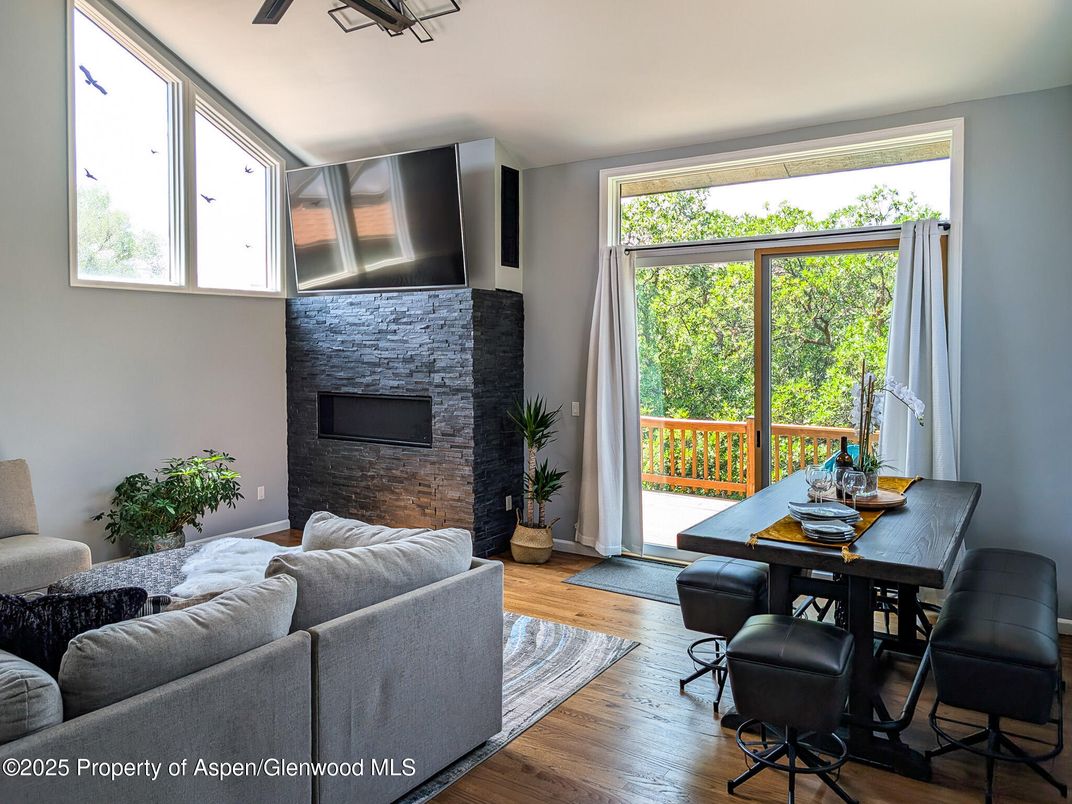 Dining room, Fireplace, Interior, Living room, Wood Texture Flooring