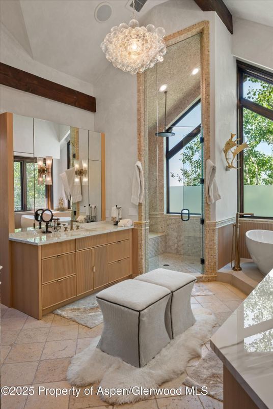 Bathroom, Chandelier, Dual Sink Vanities, Free Standing Baths, Interior, Pendant Lights, Recessed Lighting