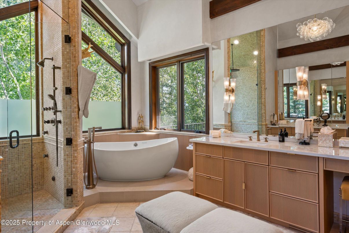 Bathroom, Chandelier, Dual Sink Vanities, Free Standing Baths, Glass Shower, Interior