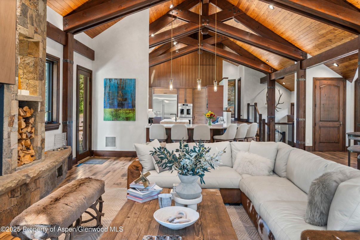 Dining room, Fireplace, Interior, Kitchen, Living room, Pendant Lights, Recessed Lighting, Stone Walls, Wooden Beams, Wooden Ceilings, Wood Texture Flooring