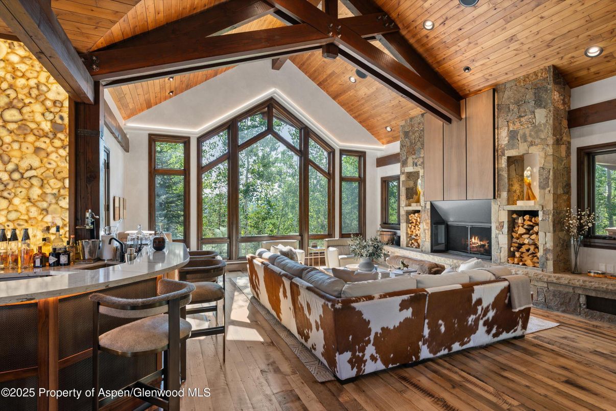 Fireplace, Interior, Living room, Recessed Lighting, Stone Walls, Wooden Beams, Wooden Ceilings, Wood Texture Flooring