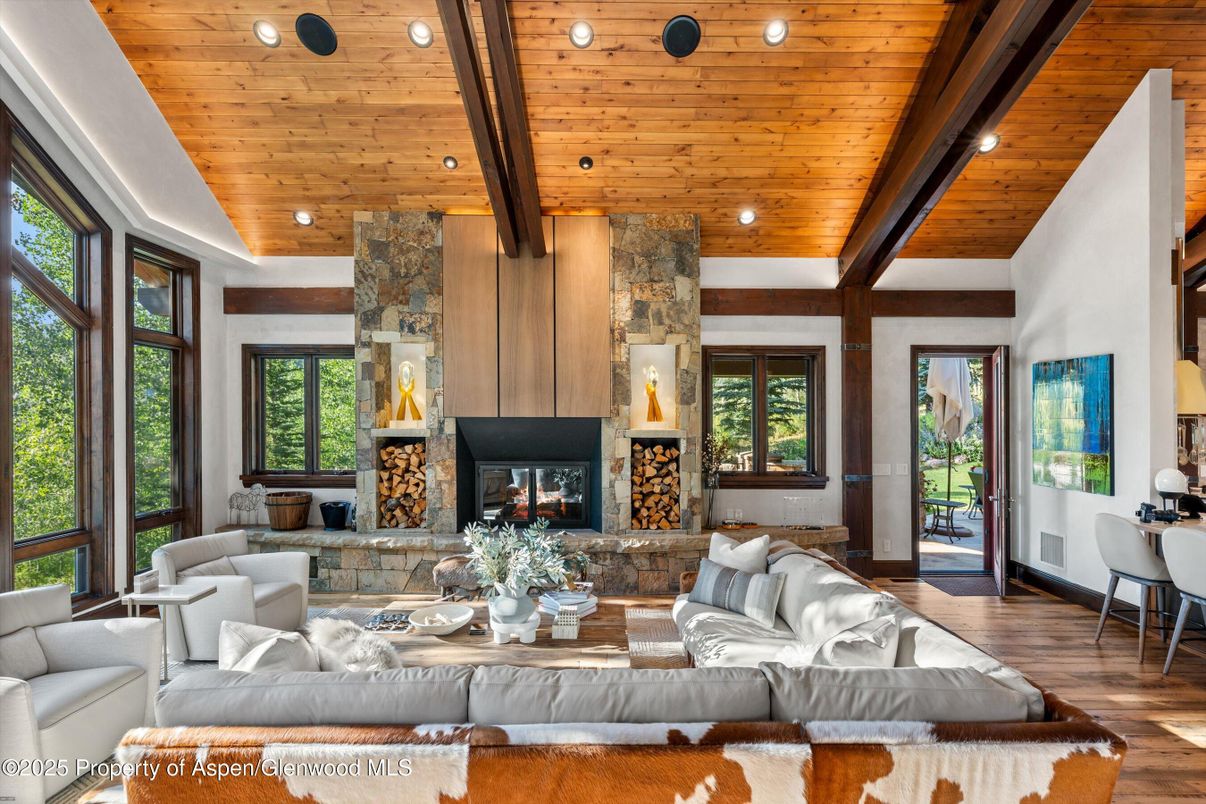 Fireplace, Interior, Living room, Recessed Lighting, Wooden Beams, Wooden Ceilings, Wood Texture Flooring