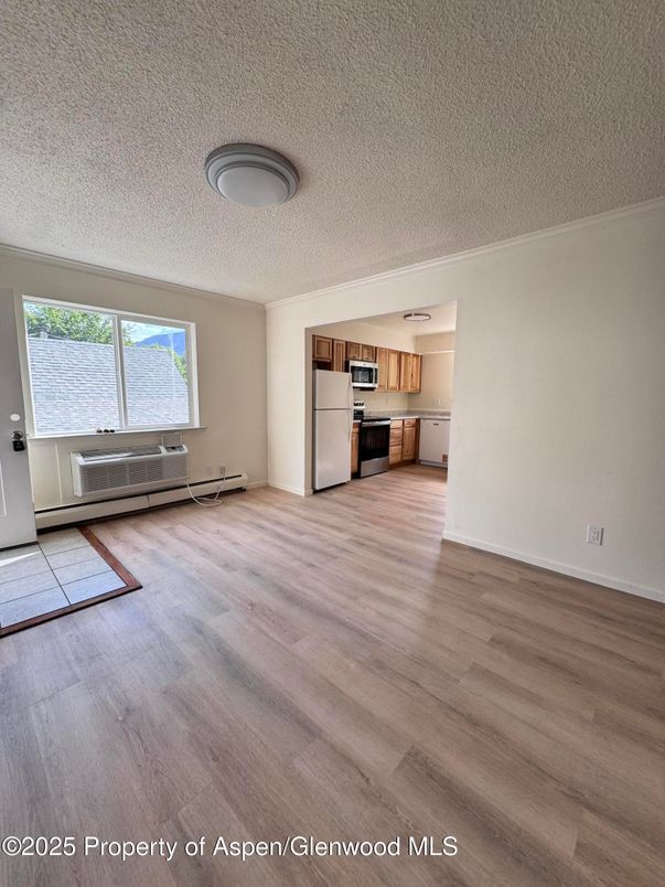 Empty room, Interior, Kitchen, Stainless Steel Appliances, Wood Texture Flooring