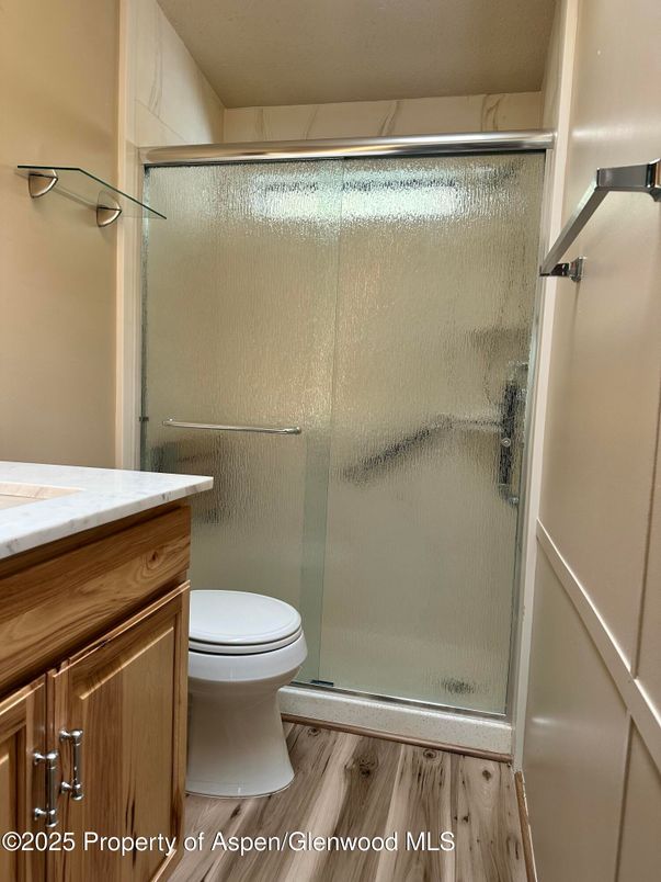 Bathroom, Glass Shower, Interior, Wood Texture Flooring