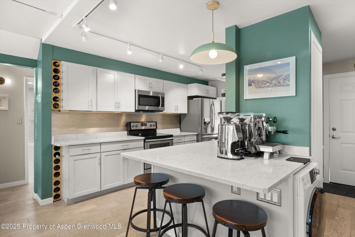 Interior, Kitchen, Pendant Lights, Stainless Steel Appliances, Wood Texture Flooring