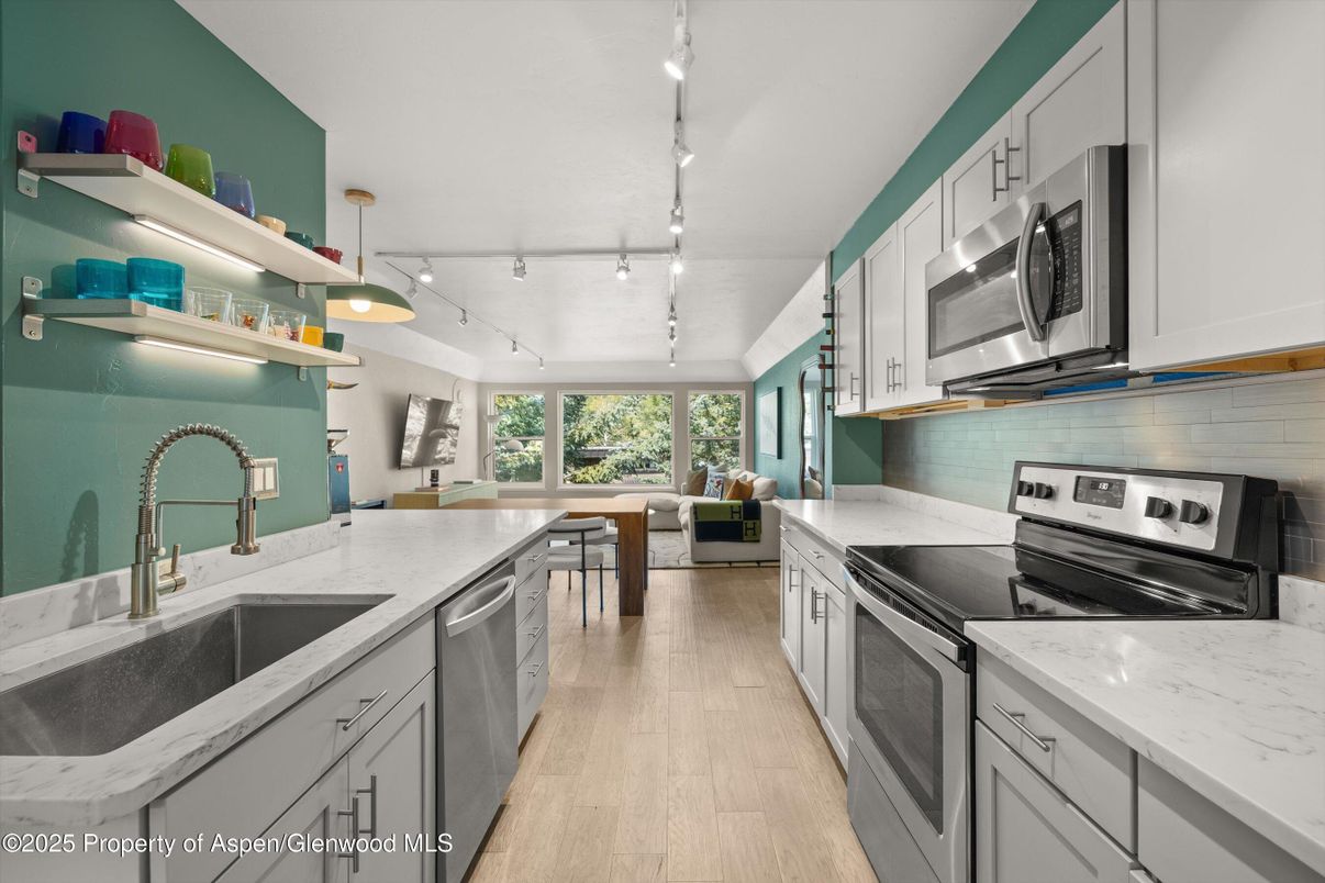 Interior, Kitchen, Pendant Lights, Stainless Steel Appliances, Wood Texture Flooring