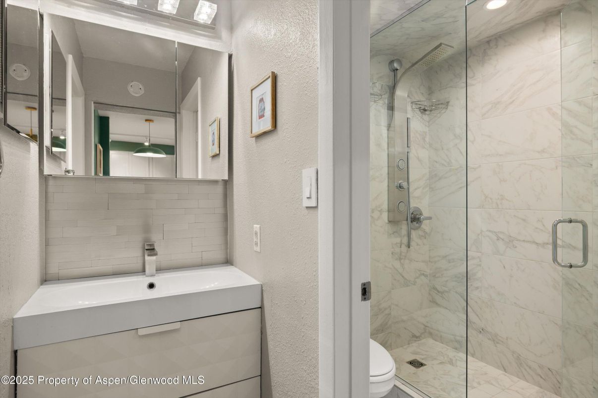 Bathroom, Glass Shower, Interior, Marble Walls, Recessed Lighting