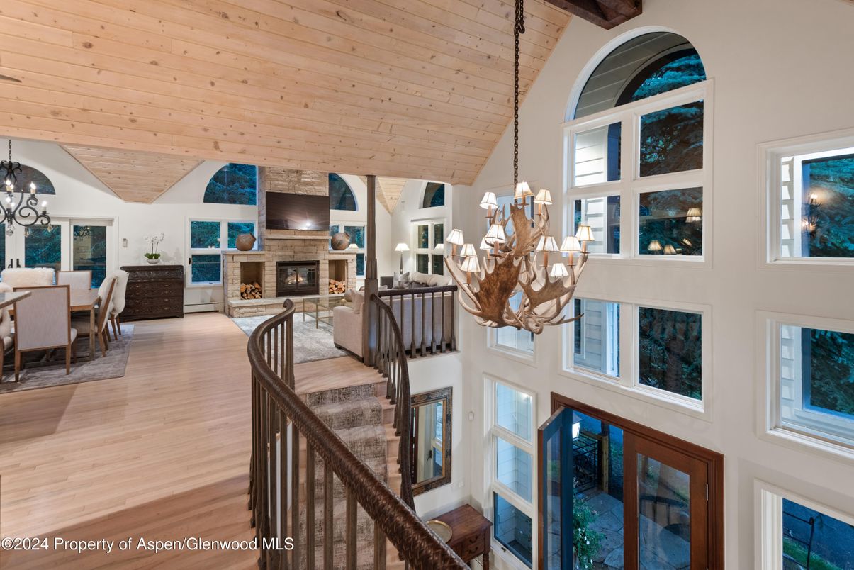 Chandelier, Dining room, Fireplace, Interior, Living room, Wooden Beams, Wooden Ceilings, Wood Texture Flooring