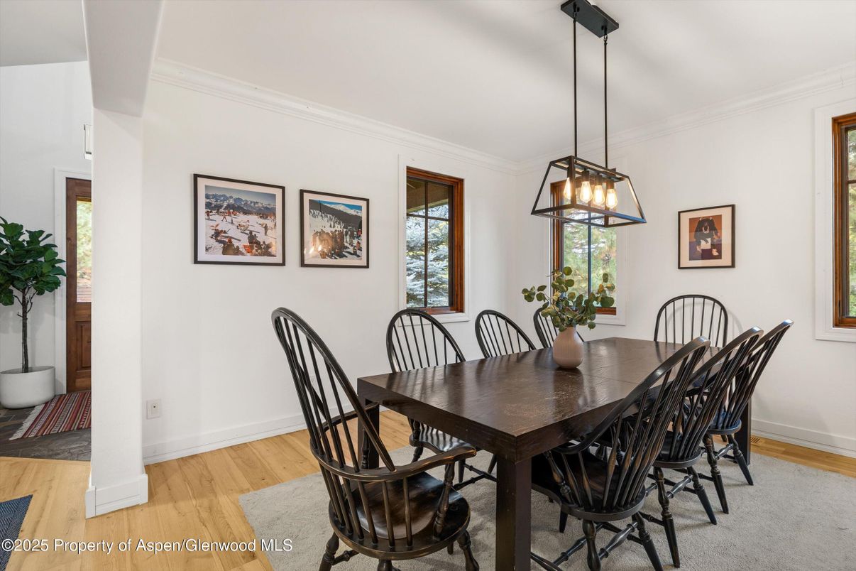 Dining room, Interior, Pendant Lights, Wood Texture Flooring