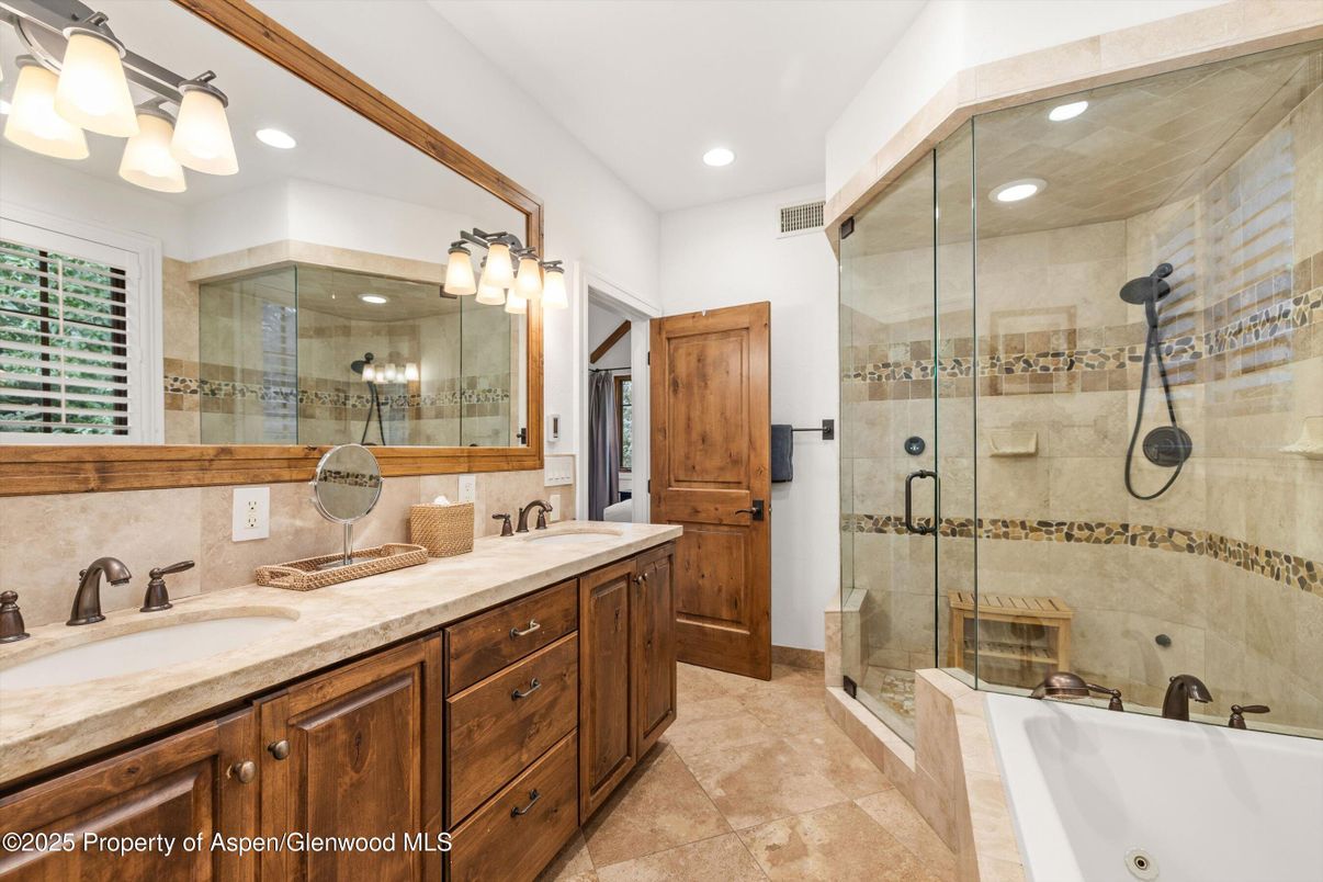 Bathroom, Dual Sink Vanities, Glass Shower, Interior, Recessed Lighting