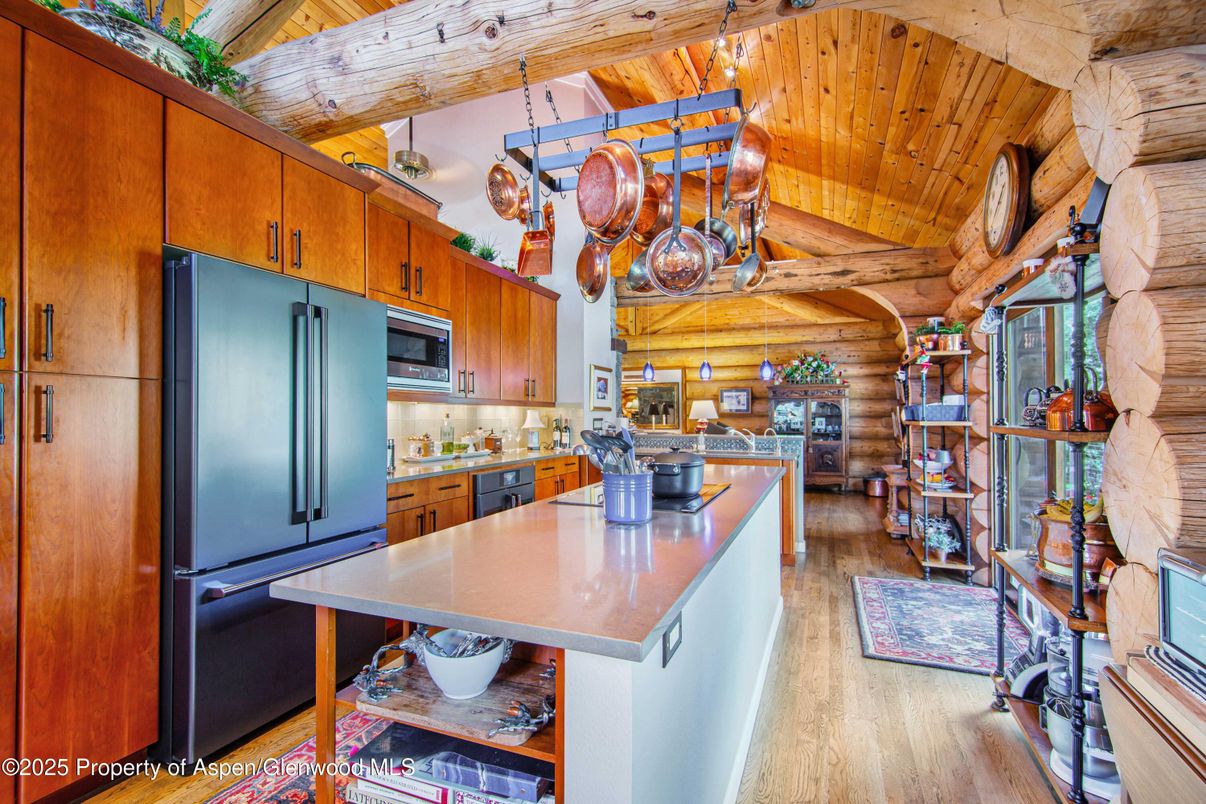 Interior, Kitchen, Pendant Lights, Stainless Steel Appliances, Wooden Beams, Wooden Ceilings, Wood Texture Flooring, Wooden Walls