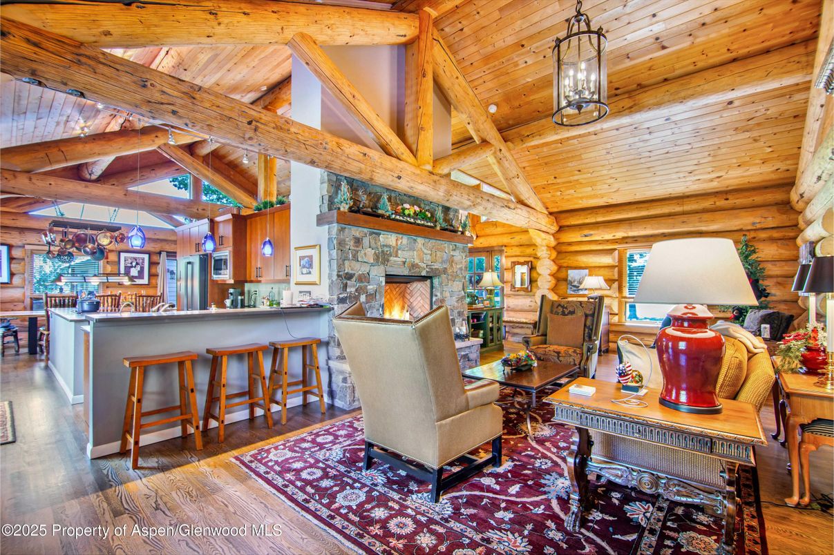 Fireplace, Interior, Kitchen, Living room, Pendant Lights, Stone Walls, Wooden Beams, Wooden Ceilings, Wood Texture Flooring, Wooden Walls