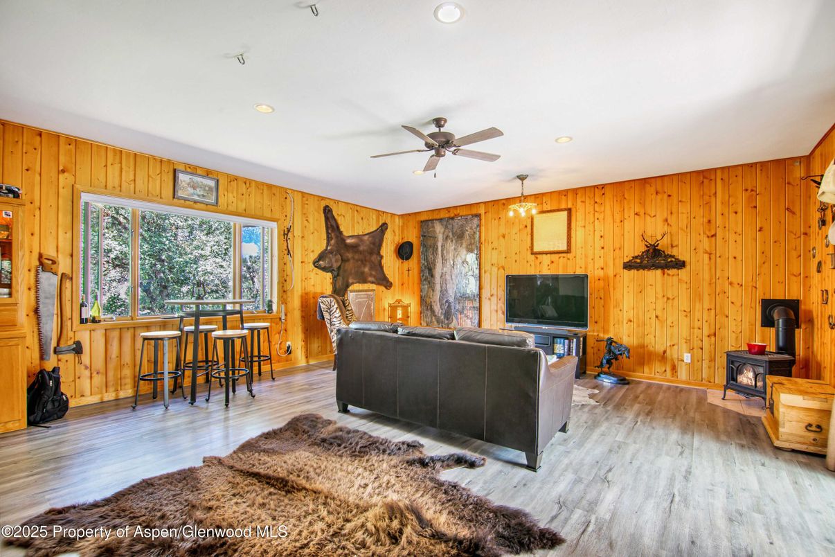 Interior, Living room, Recessed Lighting, Wood Texture Flooring, Wooden Walls