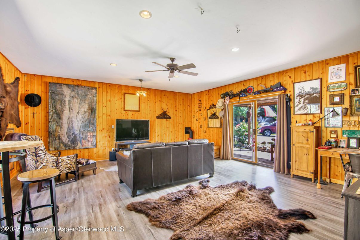 Interior, Living room, Recessed Lighting, Wood Texture Flooring, Wooden Walls