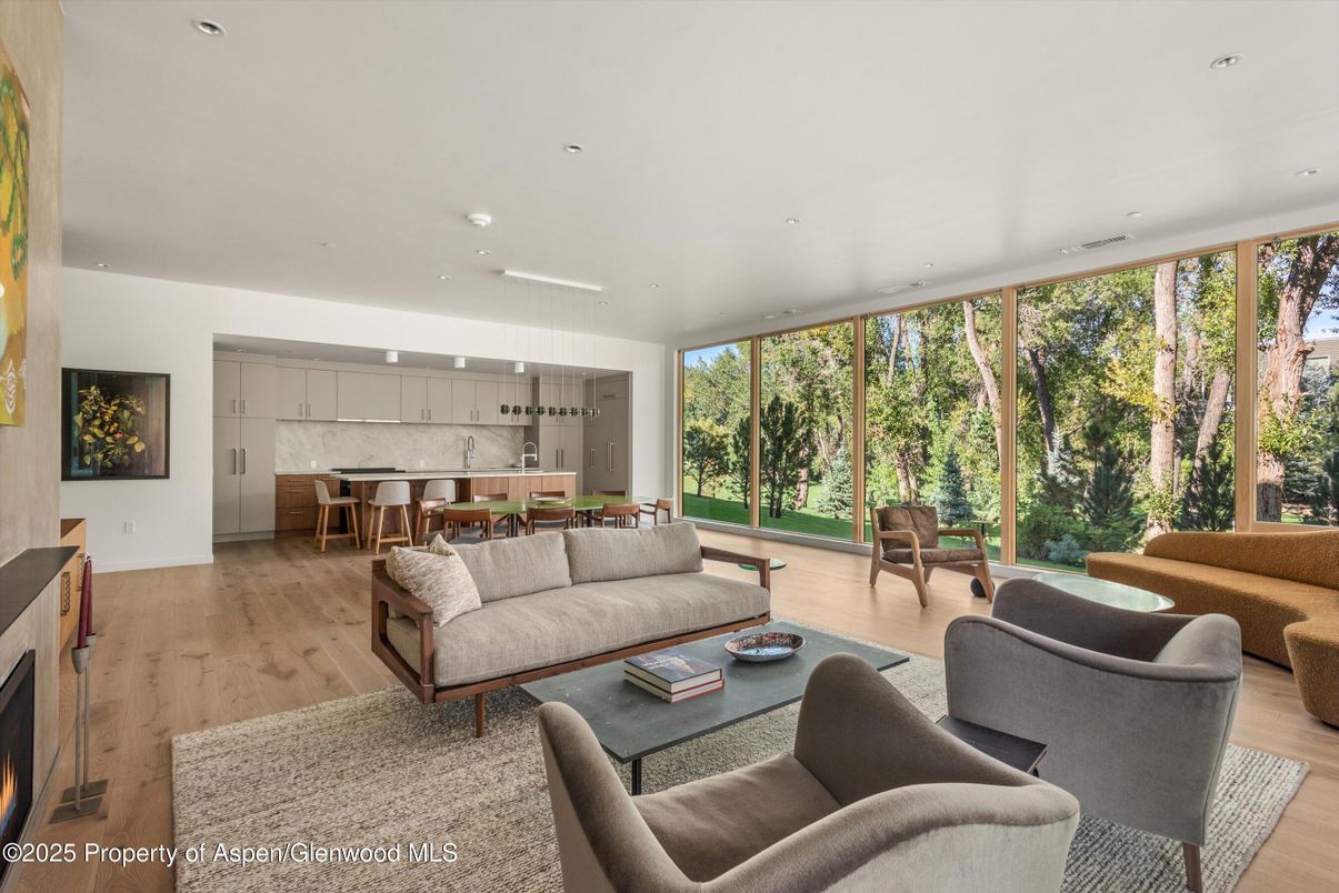 Dining room, Interior, Living room, Pendant Lights, Recessed Lighting, Wood Texture Flooring