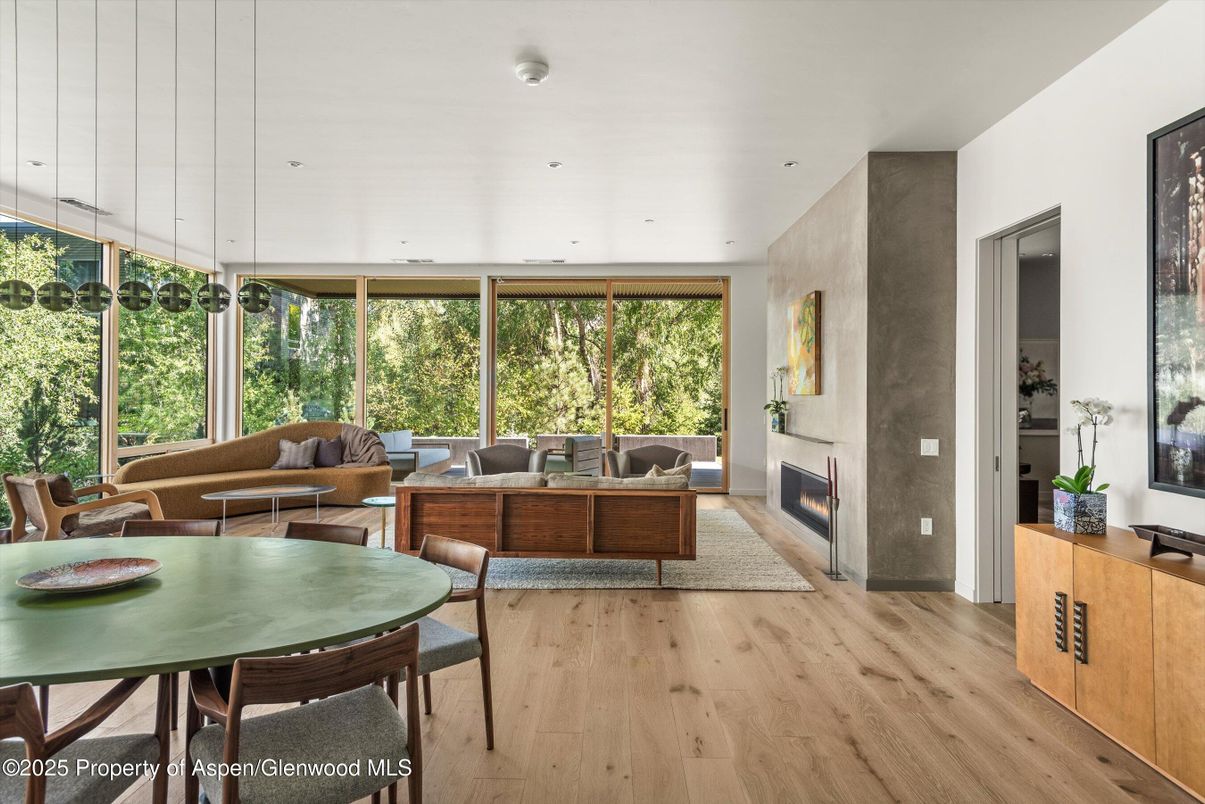 Dining room, Fireplace, Interior, Living room, Pendant Lights, Recessed Lighting, Wood Texture Flooring