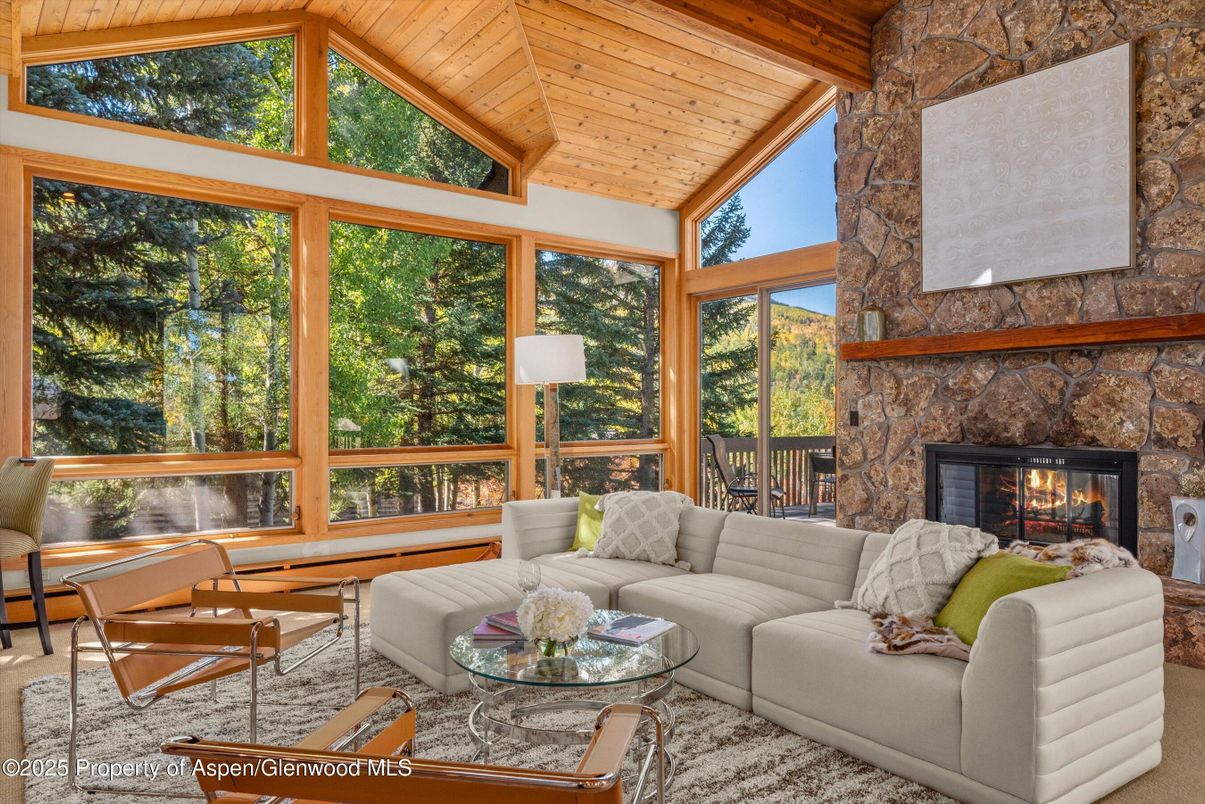 Fireplace, Interior, Living room, Stone Walls, Sun Room, Wooden Ceilings