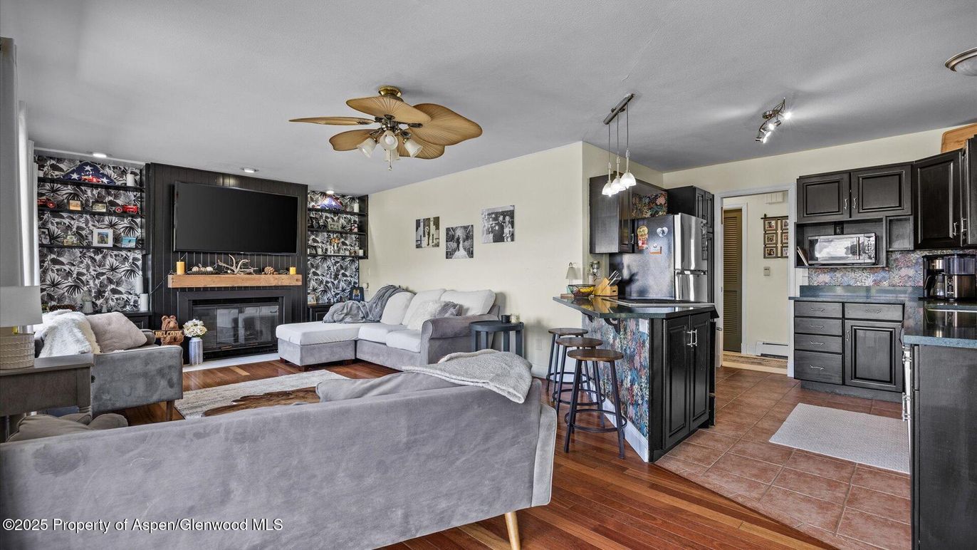 Fireplace, Interior, Kitchen, Living room, Pendant Lights, Wood Texture Flooring