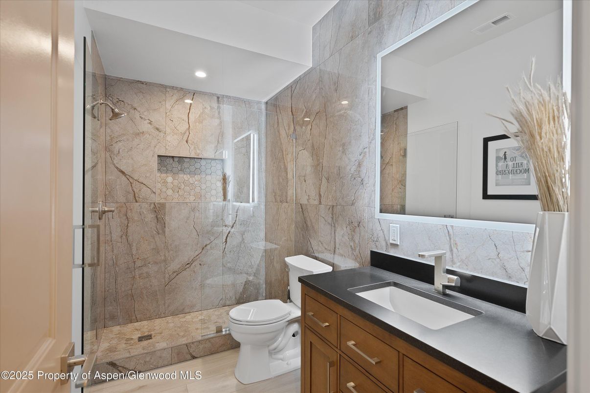 Bathroom, Glass Shower, Interior, Recessed Lighting, Wood Texture Flooring