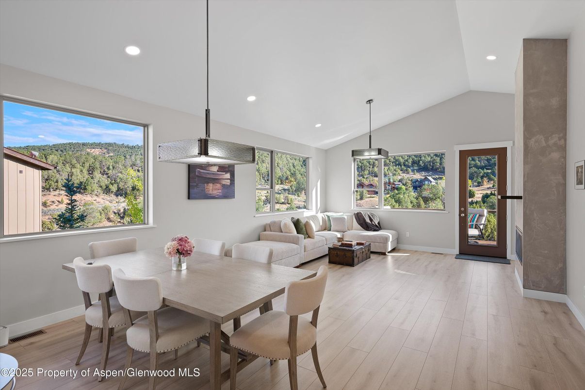 Dining room, Interior, Living room, Pendant Lights, Recessed Lighting, Wood Texture Flooring