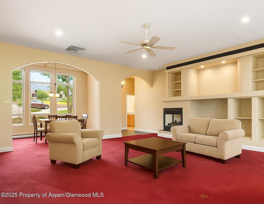 Dining room, Fireplace, Interior, Living room, Recessed Lighting