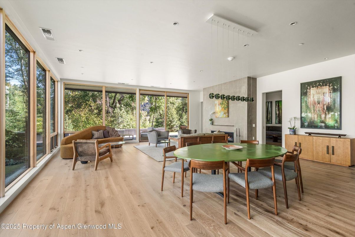 Dining room, Interior, Living room, Pendant Lights, Recessed Lighting, Wood Texture Flooring